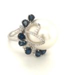 RPD002162001 18k White Gold Pearl & Sapphire Diamond Ring